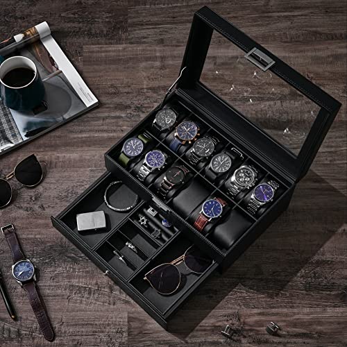 BEWISHOME Watch Box Organizer with Valet Drawer - Real Glass Top, Adjustable Tray, Metal Hinge, Carbon Fiber Design - 12 Slots Watch Storage Case for Men, Black SSH02C
