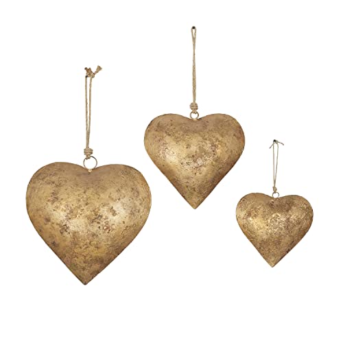 Deco 79 Metal Heart Decorative Bell with Hanging Rope, Set of 3 20", 17", 12"H, Gold