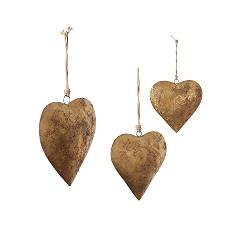 Deco 79 Metal Heart Decorative Bell with Hanging Rope, Set of 3 20", 17", 12"H, Gold