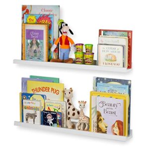wallniture denver floating shelves for kids room decor, 30″ white kids bookshelf picture frames ledge shelves, toddler toys storage, set of 2