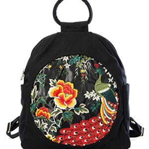 Jursccu Women Casual Backpack Fashion Vintag Embroidered Backpack, Travel Backpack Canvas Shoulder Bag Handbag