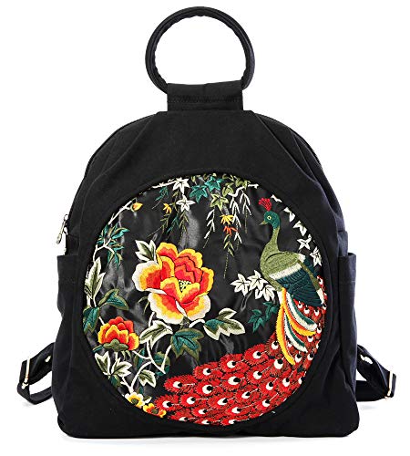 Jursccu Women Casual Backpack Fashion Vintag Embroidered Backpack, Travel Backpack Canvas Shoulder Bag Handbag