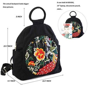 Jursccu Women Casual Backpack Fashion Vintag Embroidered Backpack, Travel Backpack Canvas Shoulder Bag Handbag