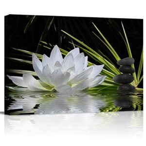 canvas wall art – white lotus and black zen stones picture – modern wall decor gallery canvas wraps giclee print stretched and framed ready to hang – 16″ x 24″