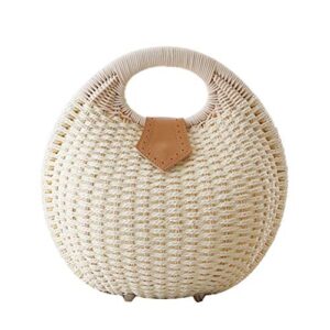 tendycoco top handle satchel straw handbag rattan shell shape for women (white)