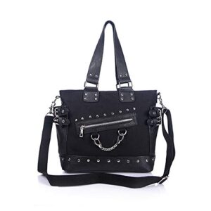 women fashion rivet handbag purse canvas punk tote with shoulder strap crossbody bag large capacity black (black)