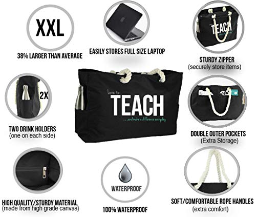 Keho XXL Ultimate Teacher Waterproof Multi Pocket Tote Shoulder Bag (Huge) - Perfect Usable Gift for Teacher Appreciation, Comfy Rope Handles & Perfect Work Bag