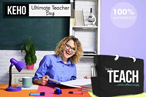 Keho XXL Ultimate Teacher Waterproof Multi Pocket Tote Shoulder Bag (Huge) - Perfect Usable Gift for Teacher Appreciation, Comfy Rope Handles & Perfect Work Bag