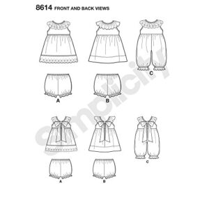 Simplicity US8614AS Baby Dress, Underwear, and Romper Sewing Patterns, Sizes XXS-L