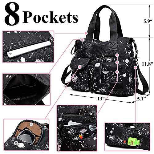 Women Tote Bag with Multiple Pockets & Zipper,Nurse Bags for Work Nursing Bag,Nylon Tote Handbag for Women,Large Shoulder Handbag Purse,Waterproof Galaxy Cross body Bag for Travel,School (Purple)