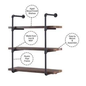 Decorative Floating 3-Tier Wall Mounted Hanging Pipe Shelves - Rustic, Urban and Industrial Décor,Wall Mounted Shelf - Perfect for Living Room,Dining Room,Kitchen,Bedroom,Nursery or Office, Brown