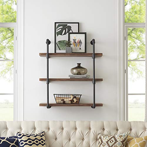Decorative Floating 3-Tier Wall Mounted Hanging Pipe Shelves - Rustic, Urban and Industrial Décor,Wall Mounted Shelf - Perfect for Living Room,Dining Room,Kitchen,Bedroom,Nursery or Office, Brown