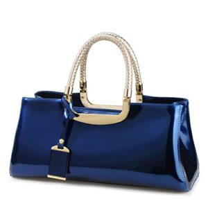 hoxis glossy faux patent leather structured shoulder handbag women evening party satchel (navy)