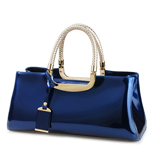 HOXIS Glossy Faux Patent Leather Structured Shoulder Handbag Women Evening Party Satchel (Navy)