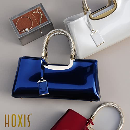 HOXIS Glossy Faux Patent Leather Structured Shoulder Handbag Women Evening Party Satchel (Navy)