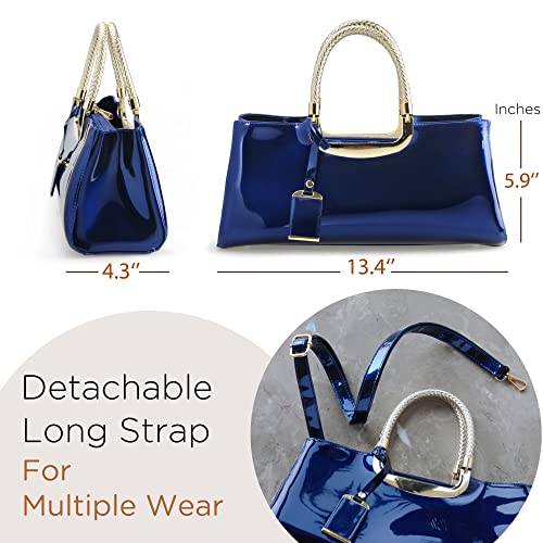 HOXIS Glossy Faux Patent Leather Structured Shoulder Handbag Women Evening Party Satchel (Navy)