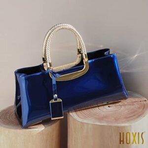 HOXIS Glossy Faux Patent Leather Structured Shoulder Handbag Women Evening Party Satchel (Navy)