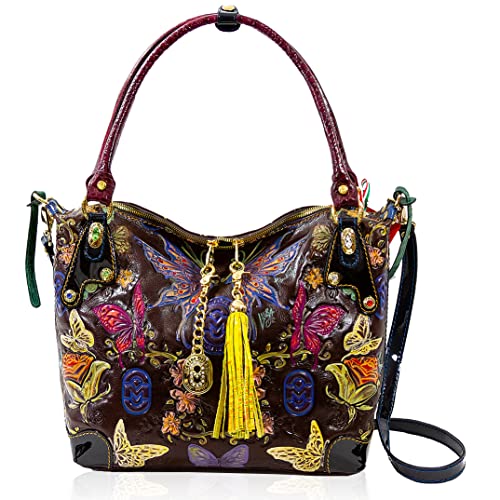 Marino Orlandi Large Tote Purse Hobo Handpainted Butterflies Mahogany Genuine Leather Crossbody Bag with Italian Designer Handbag