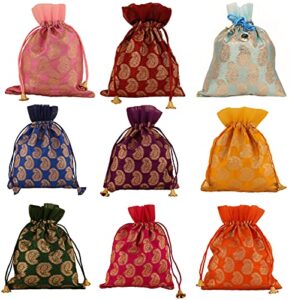 touchstone drawstring bags traditional indian handcrafted in paisley pattern brocade fabric. perfect for gifts jewelry weddings sweet distribution set of 9 vibrant multicolor pouches purses potli.