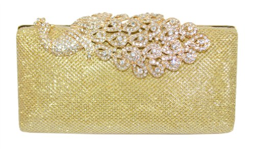 Chicastic Mesh Rhinestone Peacock Hard Box Wedding Cocktail Clutch Purse - Gold