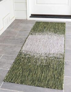 unique loom modern collection gradient, distressed, vintage, abstract, indoor and outdoor area rug, 2 ft x 6 ft, green/beige
