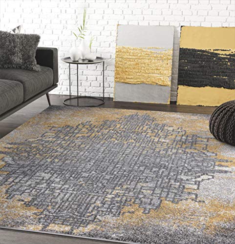 Abani Grey & Yellow Abstract Art Area Rug, Contemporary Style Rugs Laguna Collection Modern 7'9" x 10'2" Rectangle Accent Rug