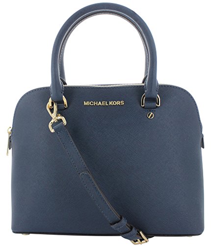 MICHAEL Michael Kors Womens Cindy Leather Signature Satchel Handbag Navy Medium