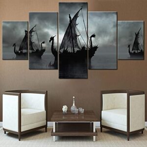 norse decor black and white painting vikings ship artwork fantasy sailing boat pictures for living room home 5 panel dragon canvas wall art modern framed ready to hang posters and prints(60”wx32”h)