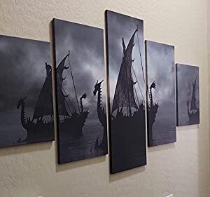 Norse Decor Black and White Painting Vikings Ship Artwork Fantasy Sailing Boat Pictures for Living Room Home 5 Panel Dragon Canvas Wall Art Modern Framed Ready to Hang Posters and Prints(60''Wx32''H)