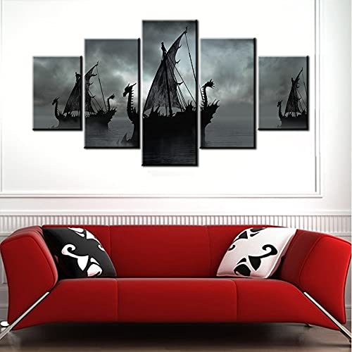 Norse Decor Black and White Painting Vikings Ship Artwork Fantasy Sailing Boat Pictures for Living Room Home 5 Panel Dragon Canvas Wall Art Modern Framed Ready to Hang Posters and Prints(60''Wx32''H)