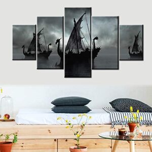 Norse Decor Black and White Painting Vikings Ship Artwork Fantasy Sailing Boat Pictures for Living Room Home 5 Panel Dragon Canvas Wall Art Modern Framed Ready to Hang Posters and Prints(60''Wx32''H)