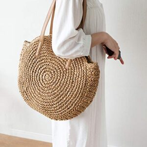 Straw Handbags Women Handwoven Round Corn Straw Bags Natural Chic Hand Large Summer Beach Tote Woven Handle Shoulder Bag (Khaki)