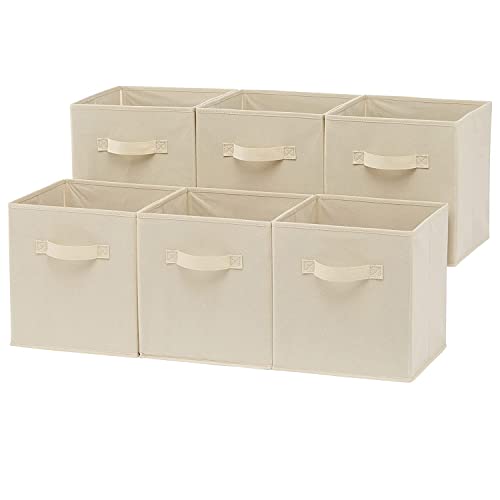 BASTUO Storage Bins 6-Pack Cloth Storage Cube with 2 Handles, Foldable Cube Organizer Basket for Kids Room, Closet and Toys Storage, Beige