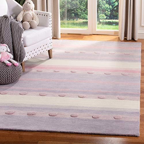 SAFAVIEH Kids Collection 4' x 6' Light Purple / Ivory SFK801V Handmade Stripe Wool Area Rug