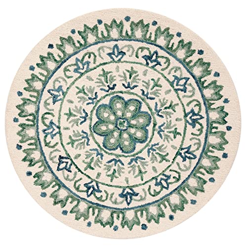 SAFAVIEH Novelty Collection 4' Round Ivory / Teal NOV607J Handmade Boho Floral Premium Wool Area Rug