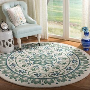 SAFAVIEH Novelty Collection 4' Round Ivory / Teal NOV607J Handmade Boho Floral Premium Wool Area Rug