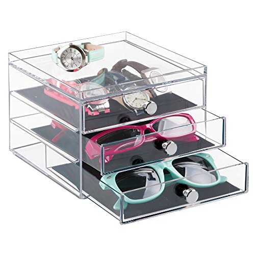 iDesign Clarity BPA-Free Plastic 3-Drawer Jewelry Organizer with Tray - 6.5" x 6.5" x 5", Clear/Black