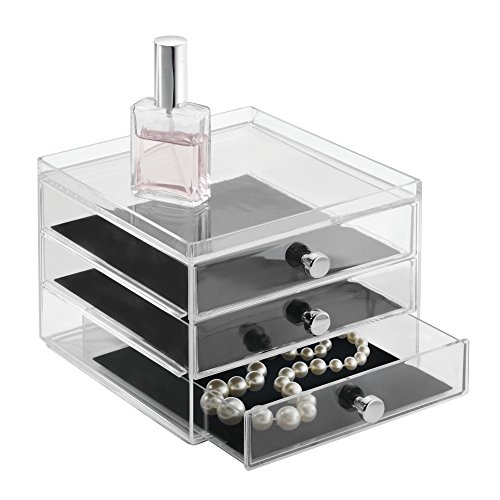 iDesign Clarity BPA-Free Plastic 3-Drawer Jewelry Organizer with Tray - 6.5" x 6.5" x 5", Clear/Black