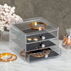 iDesign Clarity BPA-Free Plastic 3-Drawer Jewelry Organizer with Tray - 6.5" x 6.5" x 5", Clear/Black