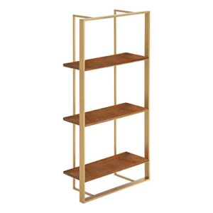 kate and laurel kercheval modern wood shelf, 15″x 32″, walnut brown and gold, practical mid-century wall decor