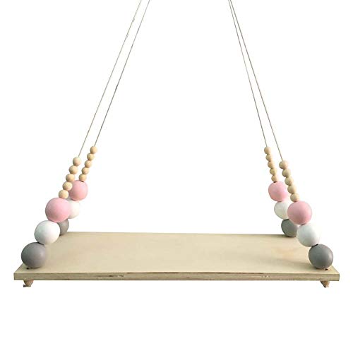 Baost Nordic Wood Beads Wall Hanging Shelf Board Wood Jute Rope Floating Shelves Hanging Storage Shelves Kids Room Nursery Wall Display Shelves Bedroom Organizer Pink White Grey