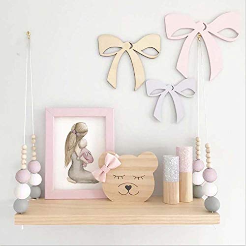 Baost Nordic Wood Beads Wall Hanging Shelf Board Wood Jute Rope Floating Shelves Hanging Storage Shelves Kids Room Nursery Wall Display Shelves Bedroom Organizer Pink White Grey