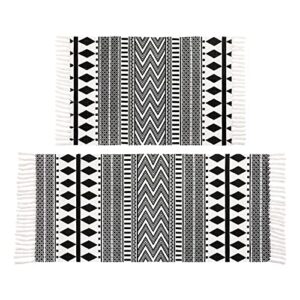 hebe cotton area rug set 2 piece 2’x3’+2’x4.2′ black and cream tribal accent rug with tassels boho area runner rugs throw rug for hallway, entryway, bathroom,kitchen floor, laundry room