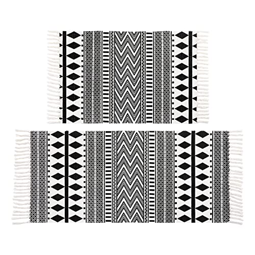 HEBE Cotton Area Rug Set 2 Piece 2'x3'+2'x4.2' Black and Cream Tribal Accent Rug with Tassels Boho Area Runner Rugs Throw Rug for Hallway, Entryway, Bathroom,Kitchen Floor, Laundry Room