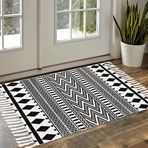 HEBE Cotton Area Rug Set 2 Piece 2'x3'+2'x4.2' Black and Cream Tribal Accent Rug with Tassels Boho Area Runner Rugs Throw Rug for Hallway, Entryway, Bathroom,Kitchen Floor, Laundry Room