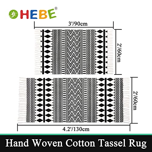 HEBE Cotton Area Rug Set 2 Piece 2'x3'+2'x4.2' Black and Cream Tribal Accent Rug with Tassels Boho Area Runner Rugs Throw Rug for Hallway, Entryway, Bathroom,Kitchen Floor, Laundry Room