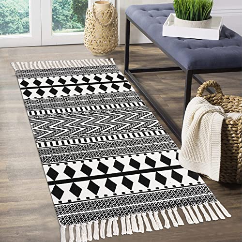 HEBE Cotton Area Rug Set 2 Piece 2'x3'+2'x4.2' Black and Cream Tribal Accent Rug with Tassels Boho Area Runner Rugs Throw Rug for Hallway, Entryway, Bathroom,Kitchen Floor, Laundry Room