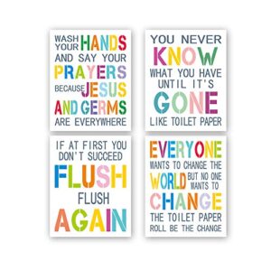 KAIRNE Funny Bathroom Quote Art Print, Set of 4 (8X10, Unframed) Colorful Inspirational Words Painting,Bathroom,Toilet,Washroom Rule Canvas Wall Art