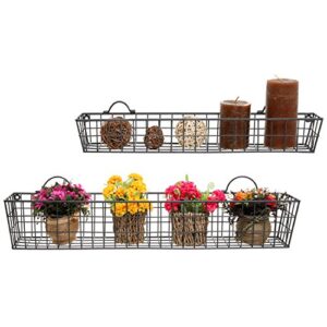 MyGift Country Rustic Wall Mounted Metal Wire Storage Basket Display Floating Shelves, 30 and 23-Inch Narrow Hanging Baskets, Set of 2