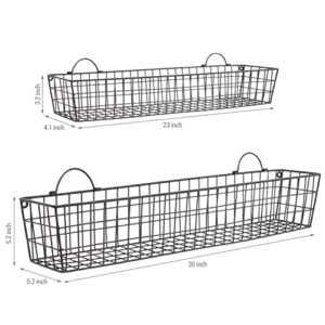 MyGift Country Rustic Wall Mounted Metal Wire Storage Basket Display Floating Shelves, 30 and 23-Inch Narrow Hanging Baskets, Set of 2